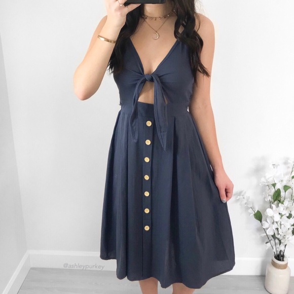 Navy blue knot tie front button midi dress - Picture 2 of 4